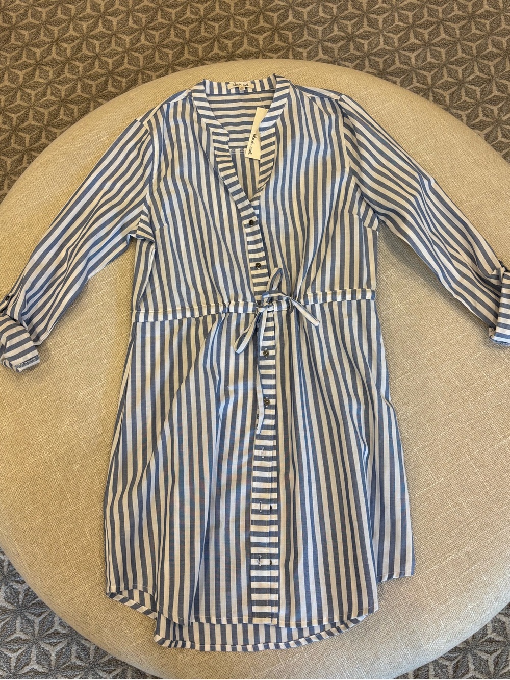 bleuh ciel Blue and White Striped Long Sleeve Shirt Dress